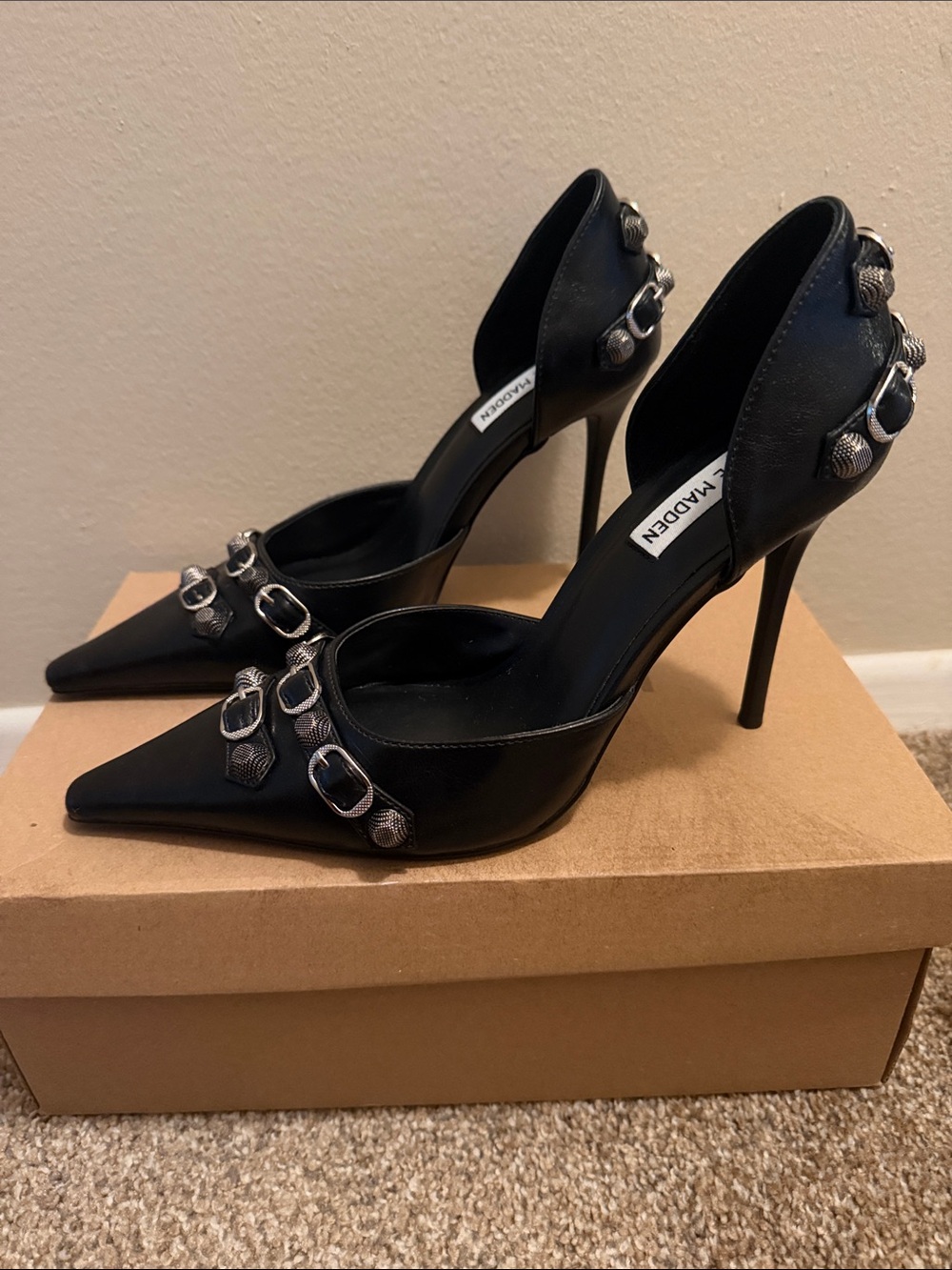 Steve Madden Black Pointed-Toe Stiletto Heels with Silver Buckle Accents
